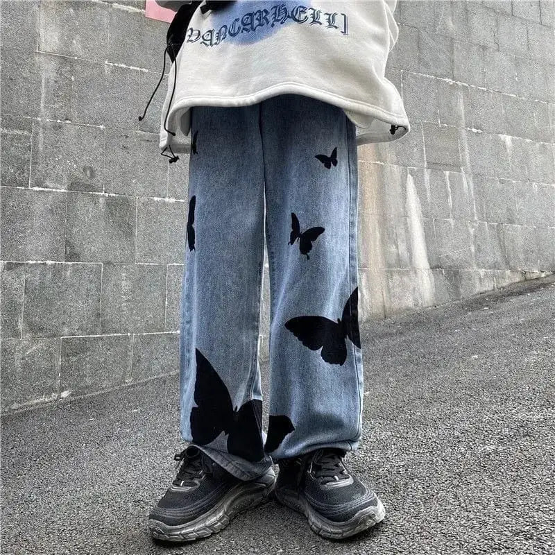 Y2k baggy jeans with butterfly print for a nostalgic look - s - pants