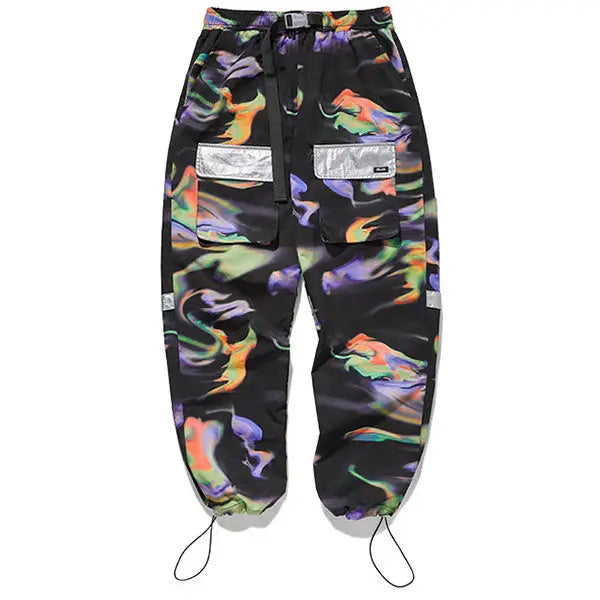 black and multi-colored camouflage cargo pants