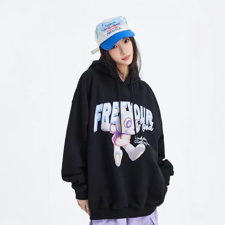 Cartoon dog letter print loose hoodie for comfort and style - hoodies