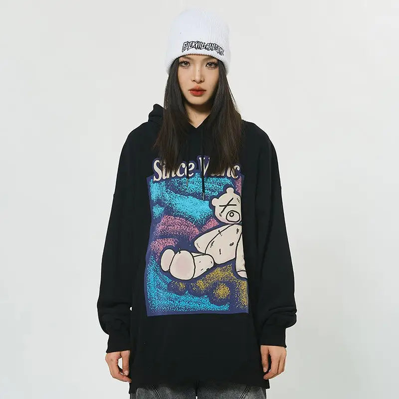 Y2k bear print oversized hoodie for streetwear collection - hoodies