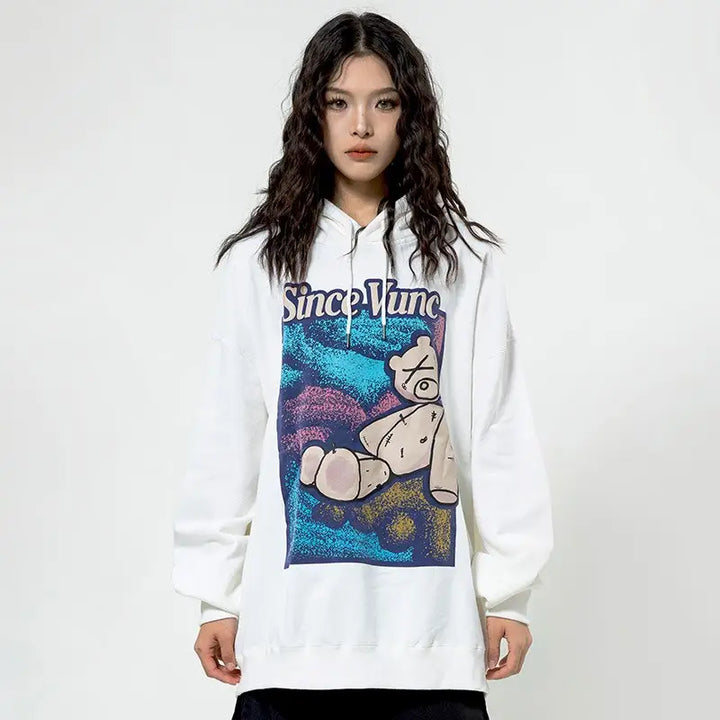 Y2k bear print oversized hoodie for streetwear collection - hoodies