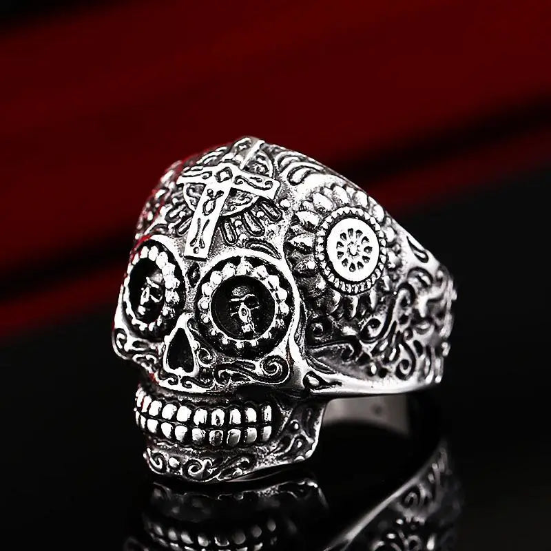Y2k carved temple skull ring in durable titanium steel - rings