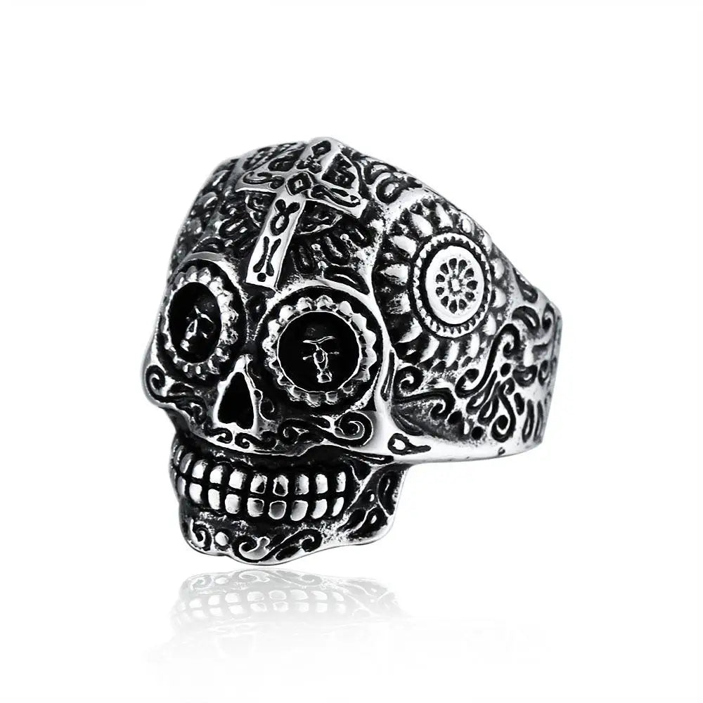 Y2k carved temple skull ring in durable titanium steel - rings