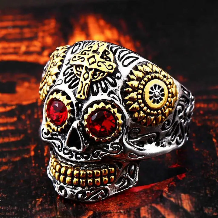 Y2k carved temple skull ring in durable titanium steel - with red eyes / 54 mm - rings