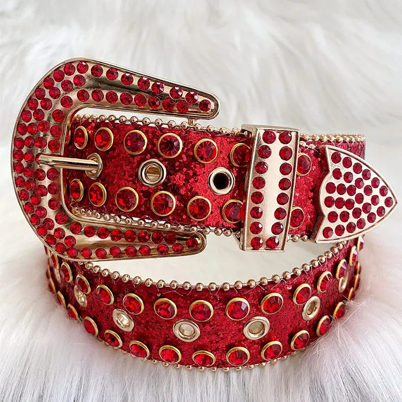 Y2k belt with rhinestone buckle in red faux leather - 105cm