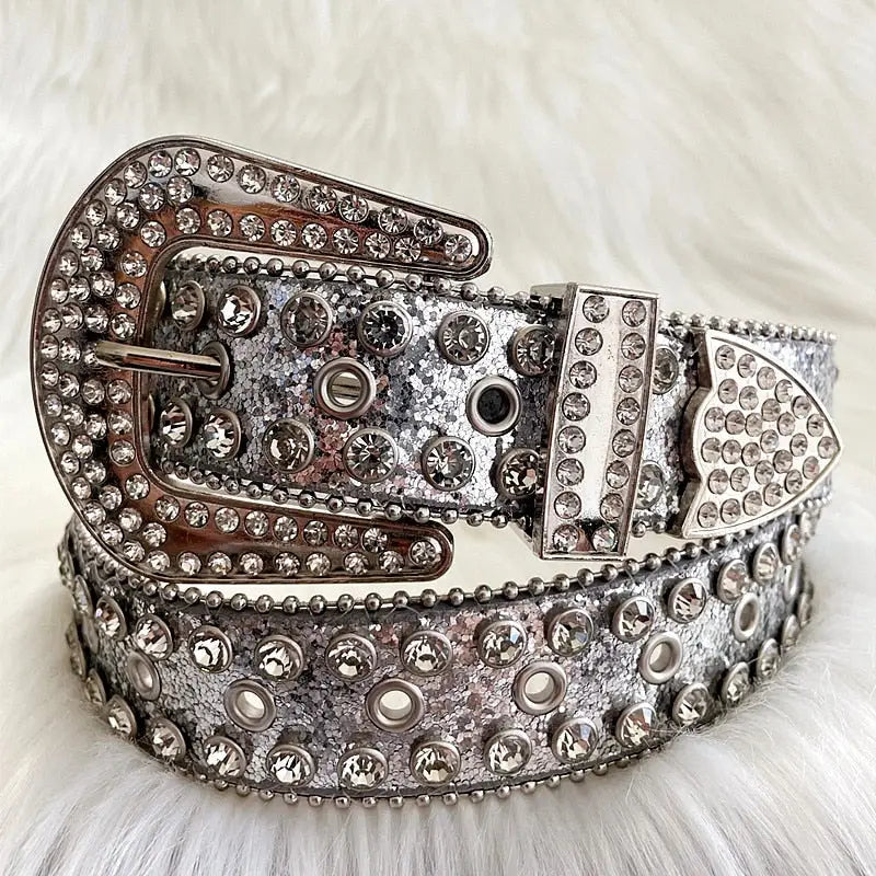 Y2k belt in silver leather encrusted with rhinestones - 105cm