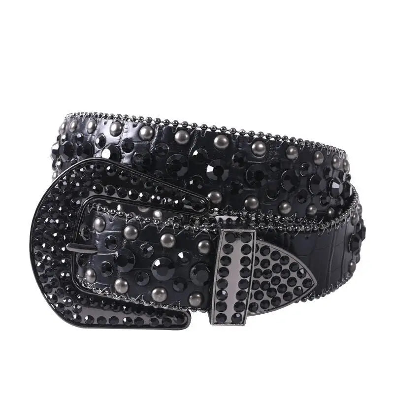 Ceinture y2k en cuir noir avec strass et clous - 105cm