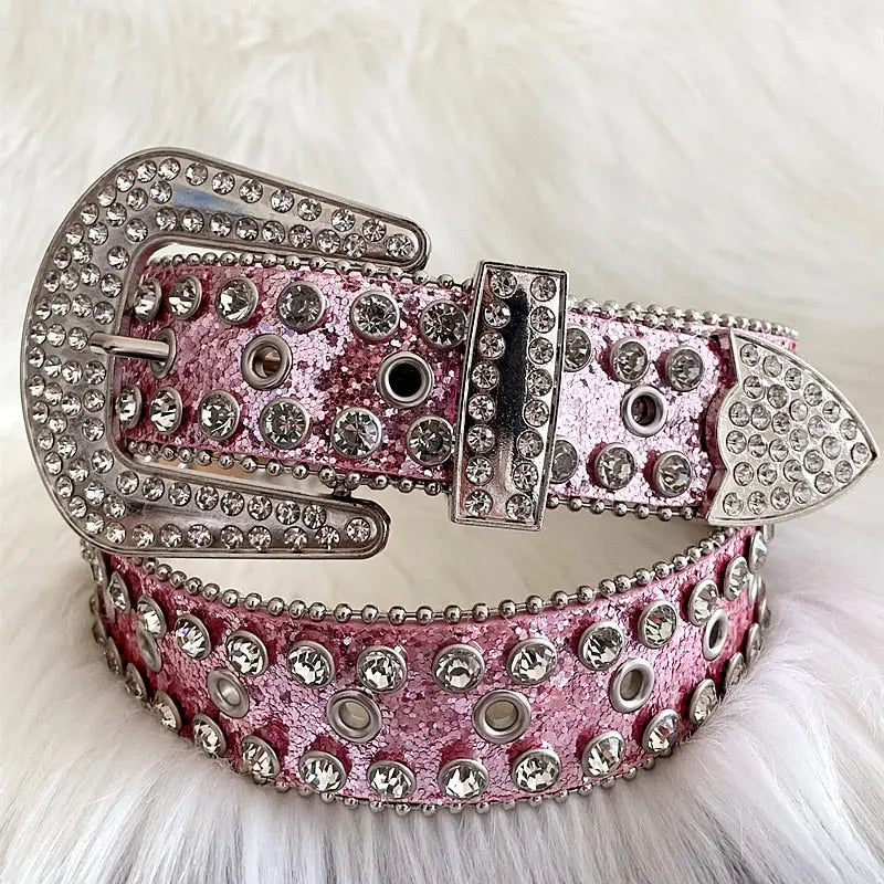 Ceinture y2k en cuir rose avec strass pour un style audacieux - 105cm