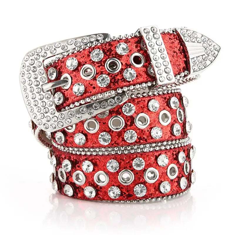 Red y2k strass belt in quality leather - 105cm