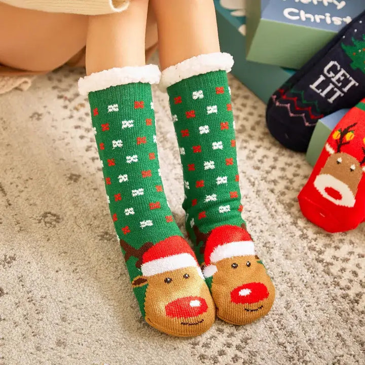 Fluffy y2k christmas socks for ultimate comfort and warmth - green elk / one size