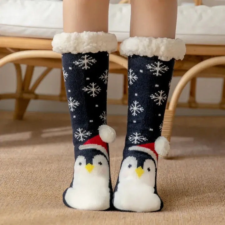 Fluffy y2k christmas socks for ultimate comfort and warmth - navy blue penguin / one size