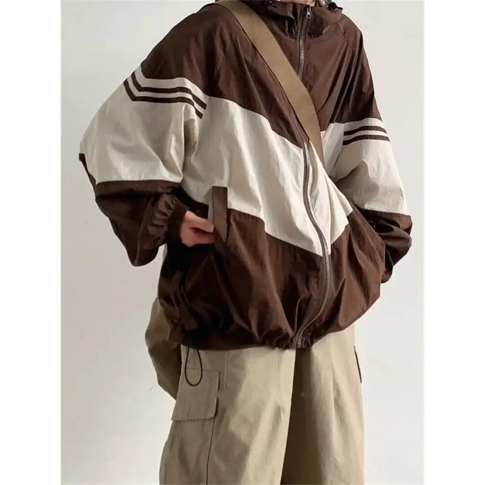 Oversized color block hooded jacket for y2k fashion - brown / s - jackets