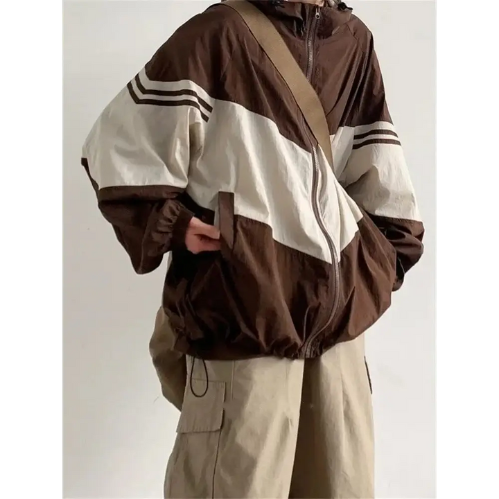 Oversized color block hooded jacket for y2k fashion - brown / s - jackets