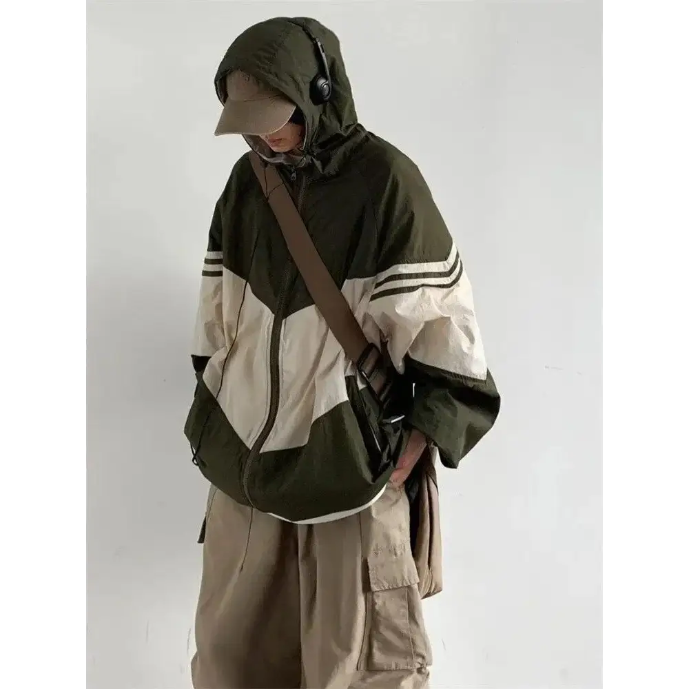 Oversized color block hooded jacket for y2k fashion - jackets