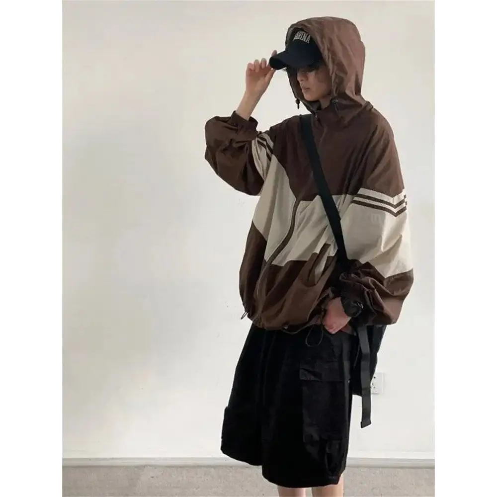 Oversized color block hooded jacket for y2k fashion - jackets