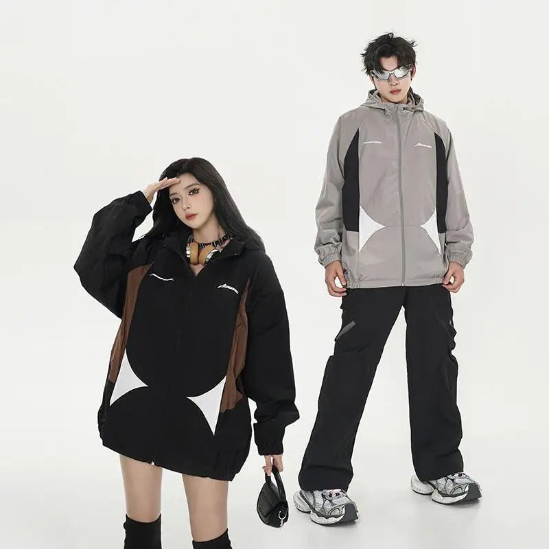 Y2k color contrast zipped windbreaker jacket for stylish outerwear