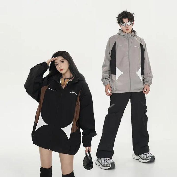 Y2k color contrast zipped windbreaker jacket for stylish outerwear