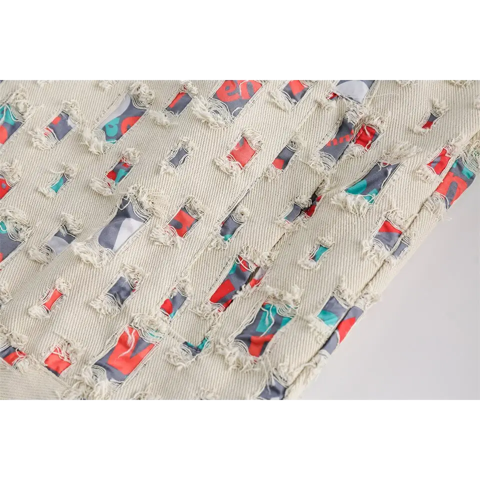 Y2k denim jacket with colorful patches for versatile style