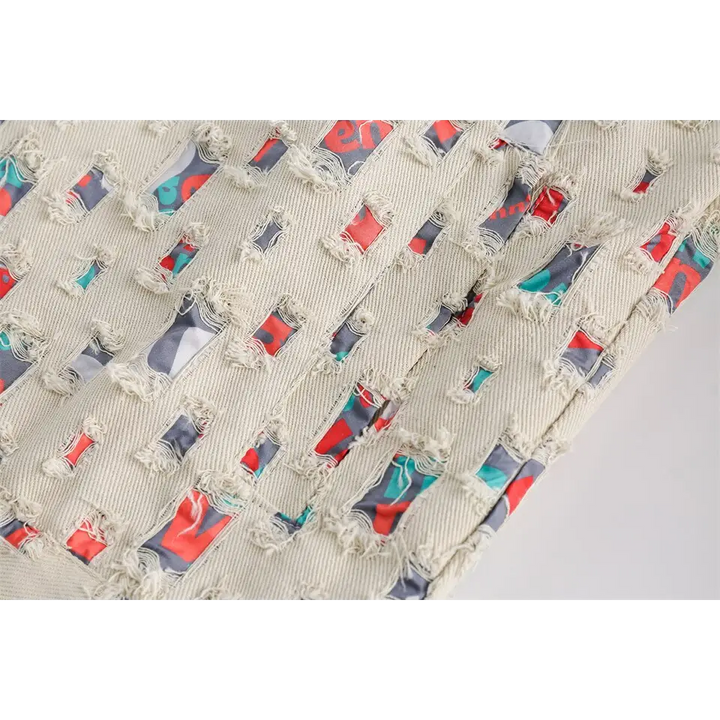 Y2k denim jacket with colorful patches for versatile style