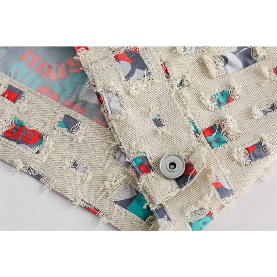 Y2k denim jacket with colorful patches for versatile style