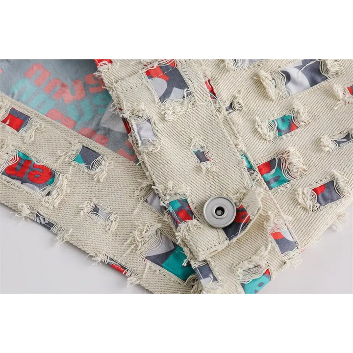 Y2k denim jacket with colorful patches for versatile style