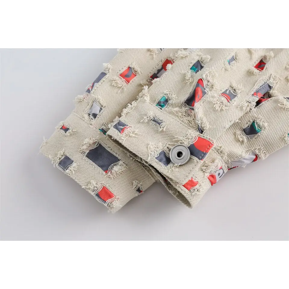 Y2k denim jacket with colorful patches for versatile style