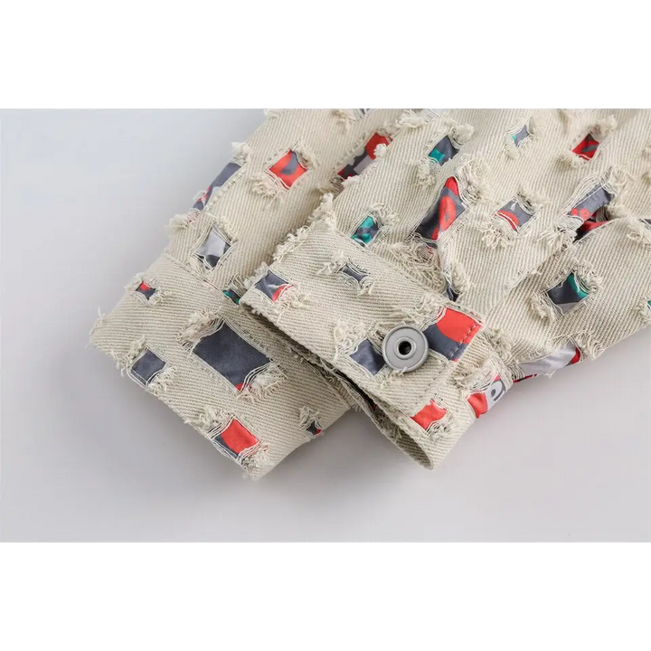 Y2k denim jacket with colorful patches for versatile style