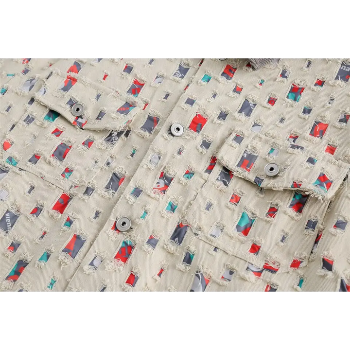 Y2k denim jacket with colorful patches for versatile style