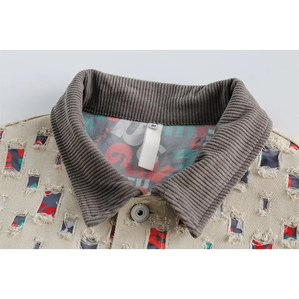 Y2k denim jacket with colorful patches for versatile style