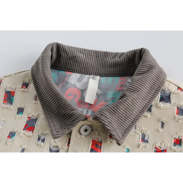 Y2k denim jacket with colorful patches for versatile style