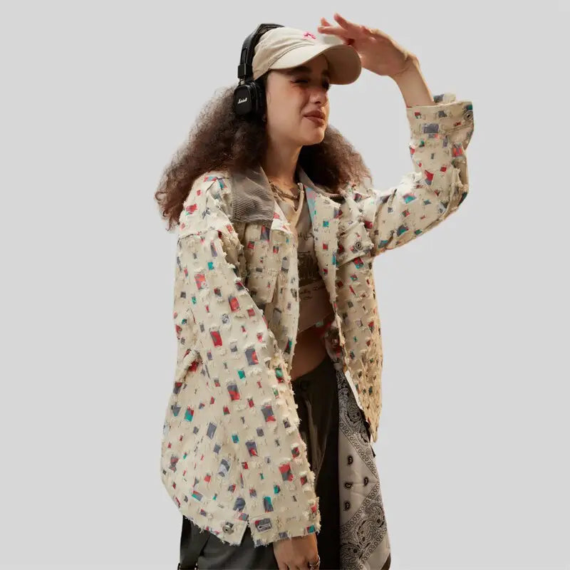 Y2k denim jacket with colorful patches for versatile style