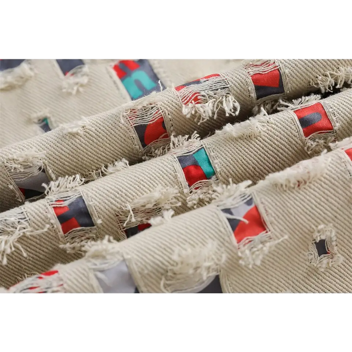 Y2k denim jacket with colorful patches for versatile style