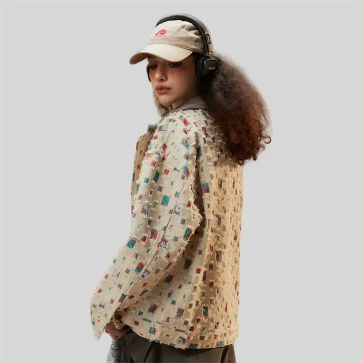 Y2k denim jacket with colorful patches for versatile style - white / m