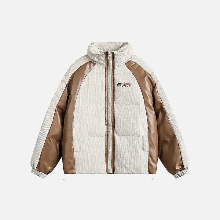 Y2k corduroy patchwork retro puffer quilted jacket - beige / m - jackets