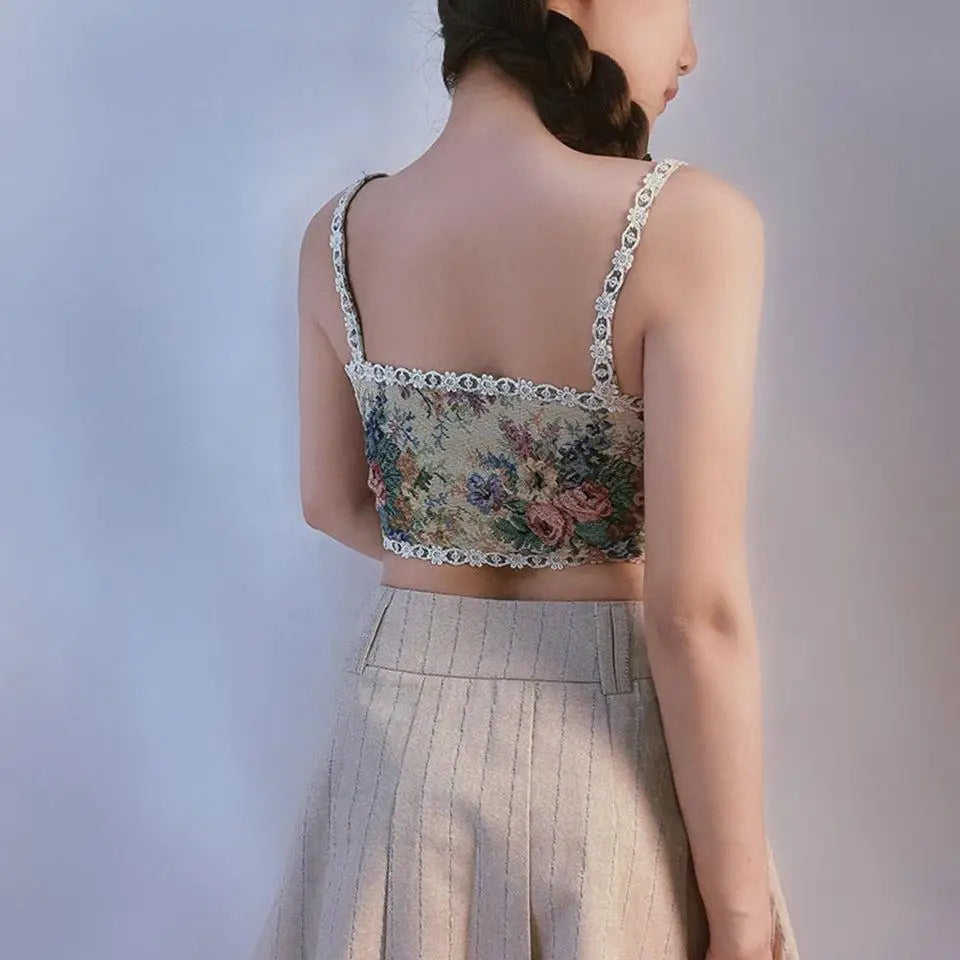 Beige corset top with lace details and square neckline for cottagecore aesthetic