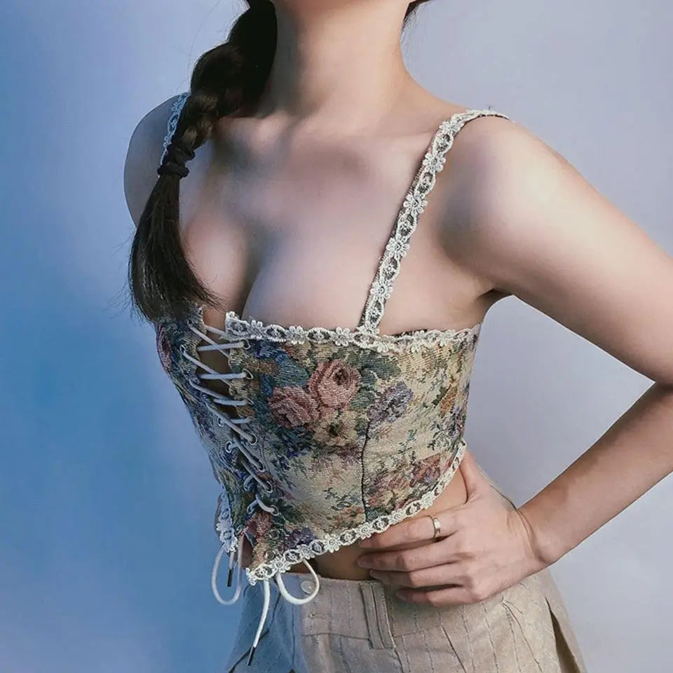 Beige corset top with lace details and square neckline for cottagecore aesthetic