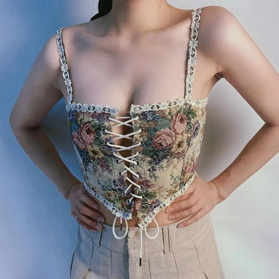 Beige corset top with lace details and square neckline for cottagecore aesthetic - xs