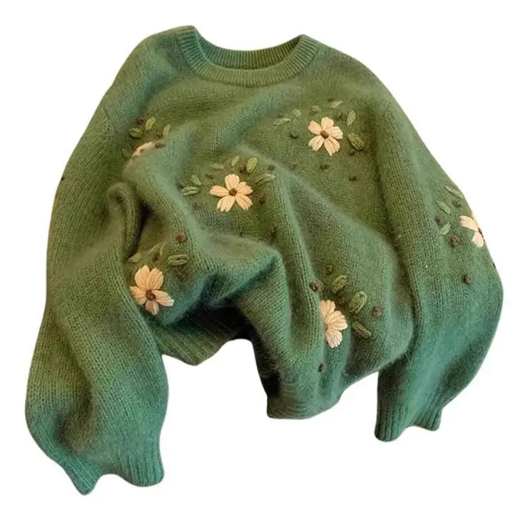 Y2k green knitted sweater with daisies and leaf accents - m