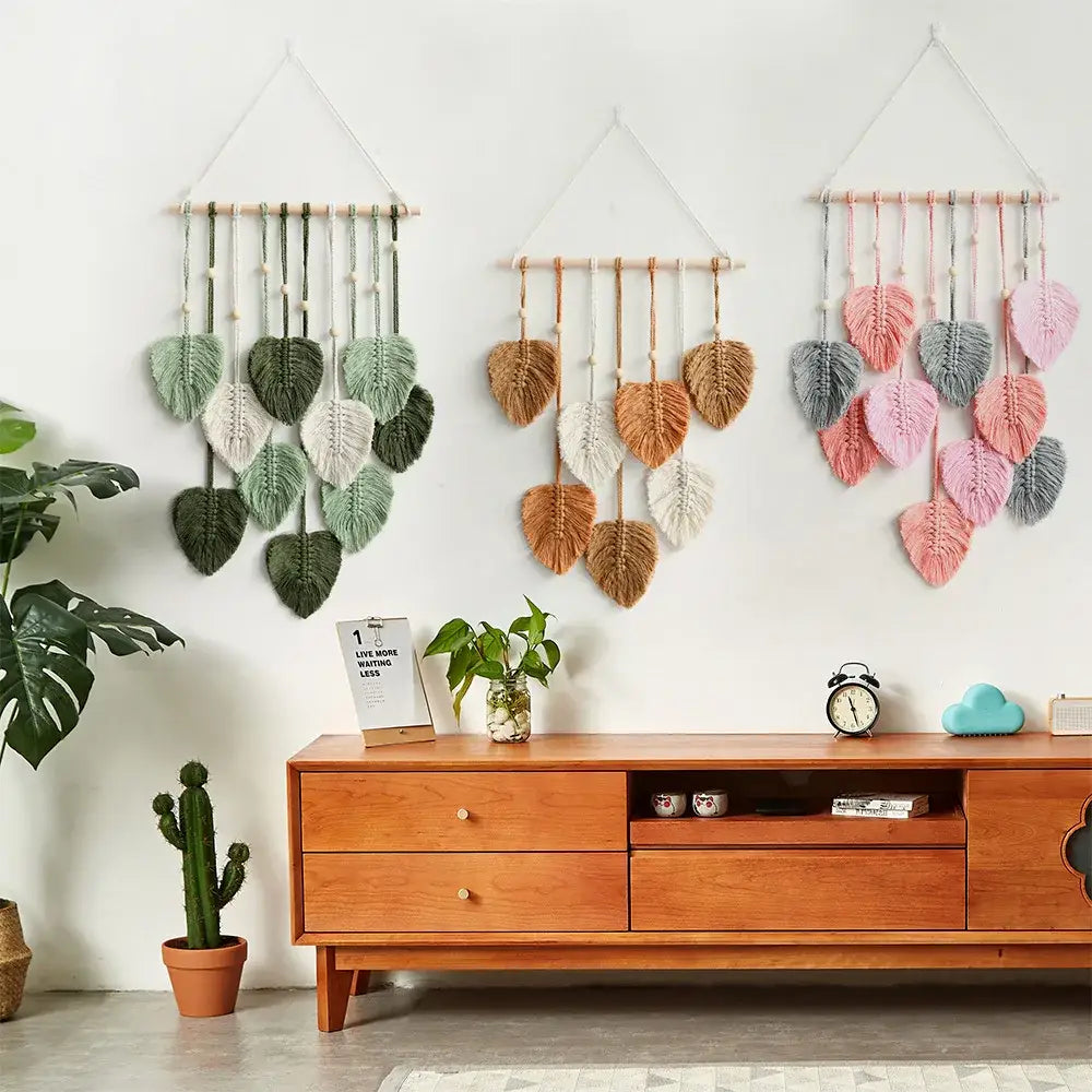 Rustic macrame wall hanging with intricate leaf design
