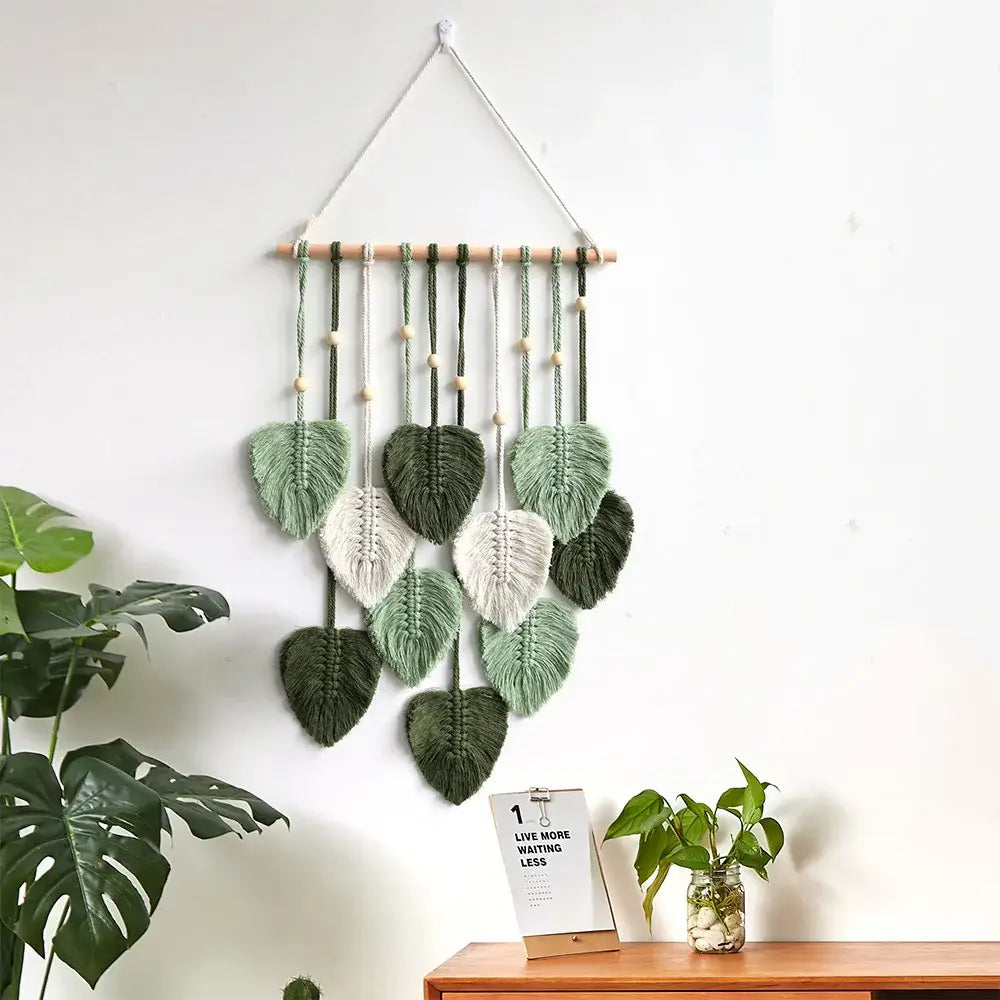 Rustic macrame wall hanging with intricate leaf design