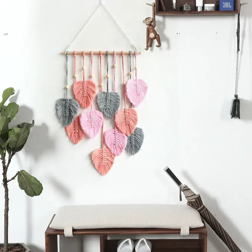 Rustic macrame wall hanging with intricate leaf design