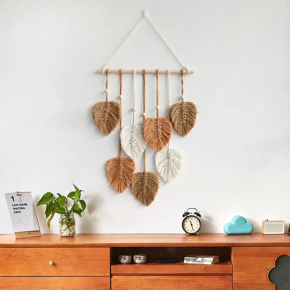 Rustic macrame wall hanging with intricate leaf design