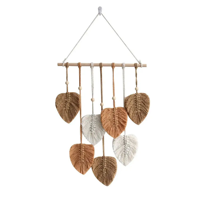 Rustic macrame wall hanging with intricate leaf design - brown