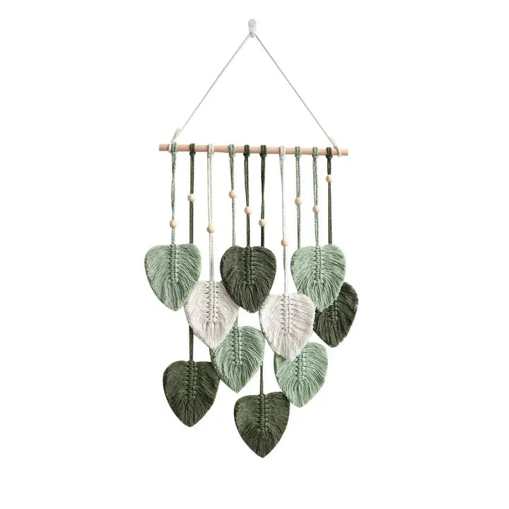 Rustic macrame wall hanging with intricate leaf design - green