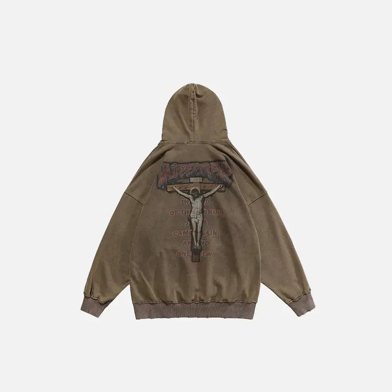 Crucifix washed hoodie for y2k streetwear style - khaki / m - hoodies