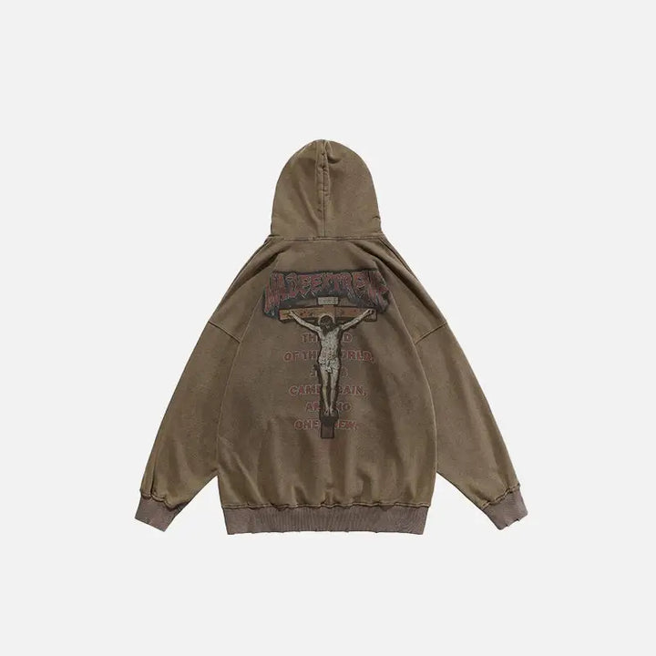 Crucifix washed hoodie for y2k streetwear style - khaki / m - hoodies