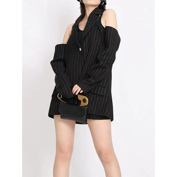 Black blazer with fixed off-the-shoulder sleeves and twin hip pockets - one size