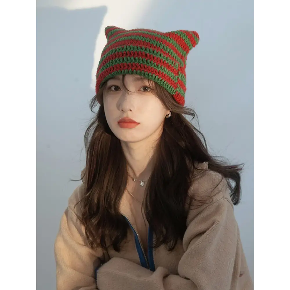 Cute y2k striped cat ears beanie for fashionable outfits beanies