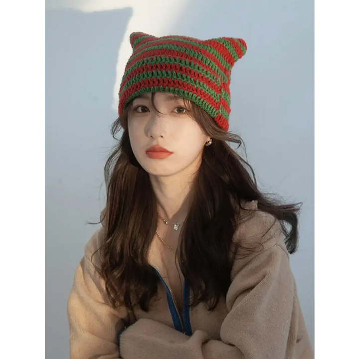 Cute y2k striped cat ears beanie for fashionable outfits beanies