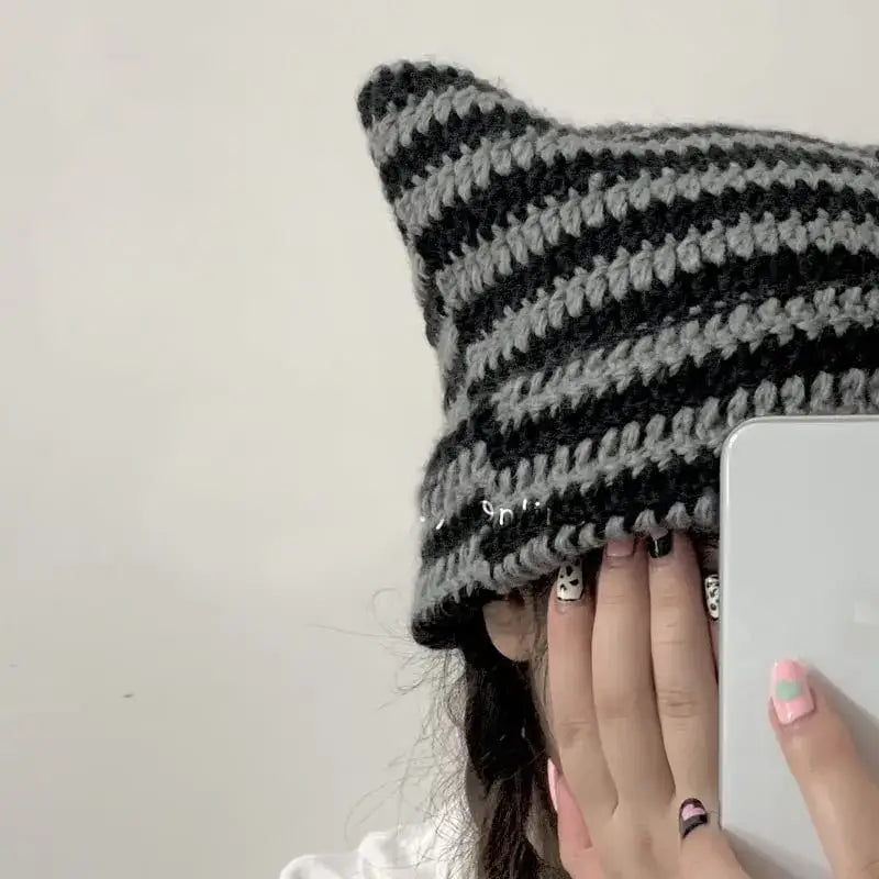Cute y2k striped cat ears beanie for fashionable outfits beanies